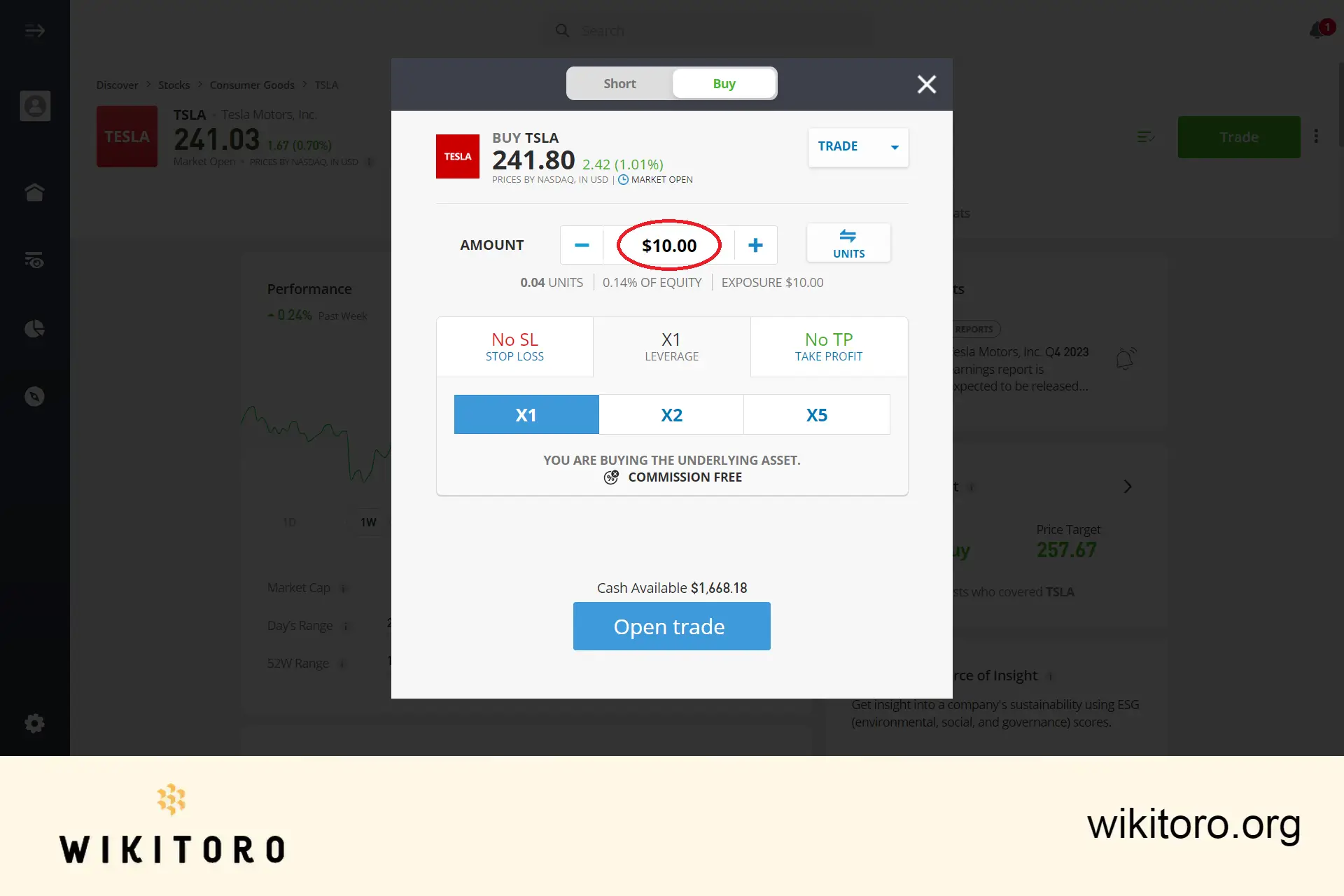 Entering Tesla stocks investment amount on eToro